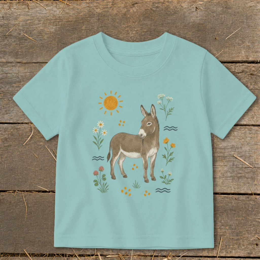 Light blue t-shirt with a donkey and flowers illustration.