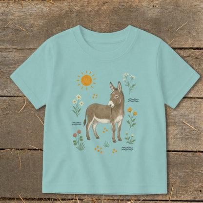 Light blue t-shirt with a donkey and flowers illustration.