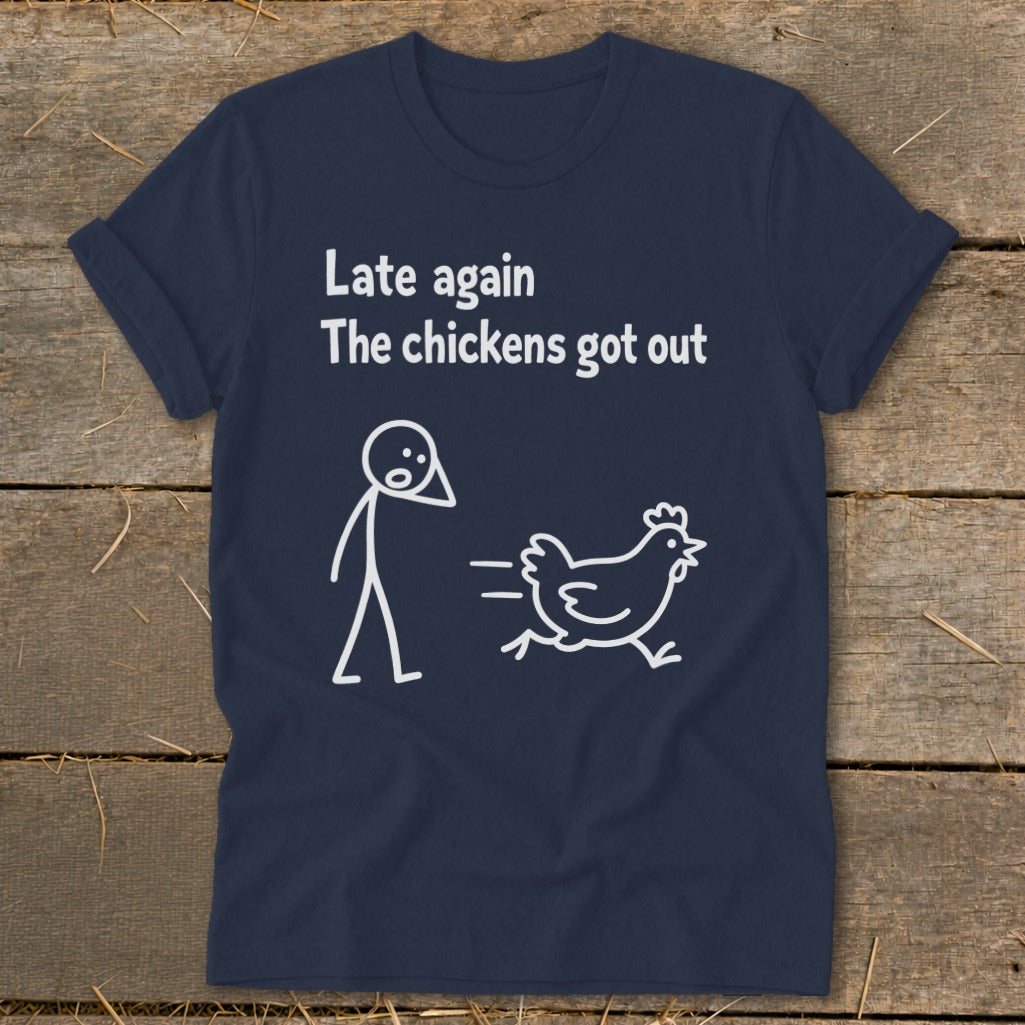 Dark blue t-shirt with white stick figure and chicken graphic and text.