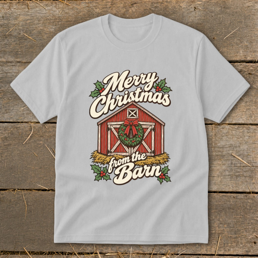 Light gray t-shirt with Merry Christmas from the Barn graphic featuring a red barn and wreath.