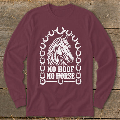 White graphic of horse head surrounded by horseshoes and chain, text reads "NO HOOF NO HORSE".