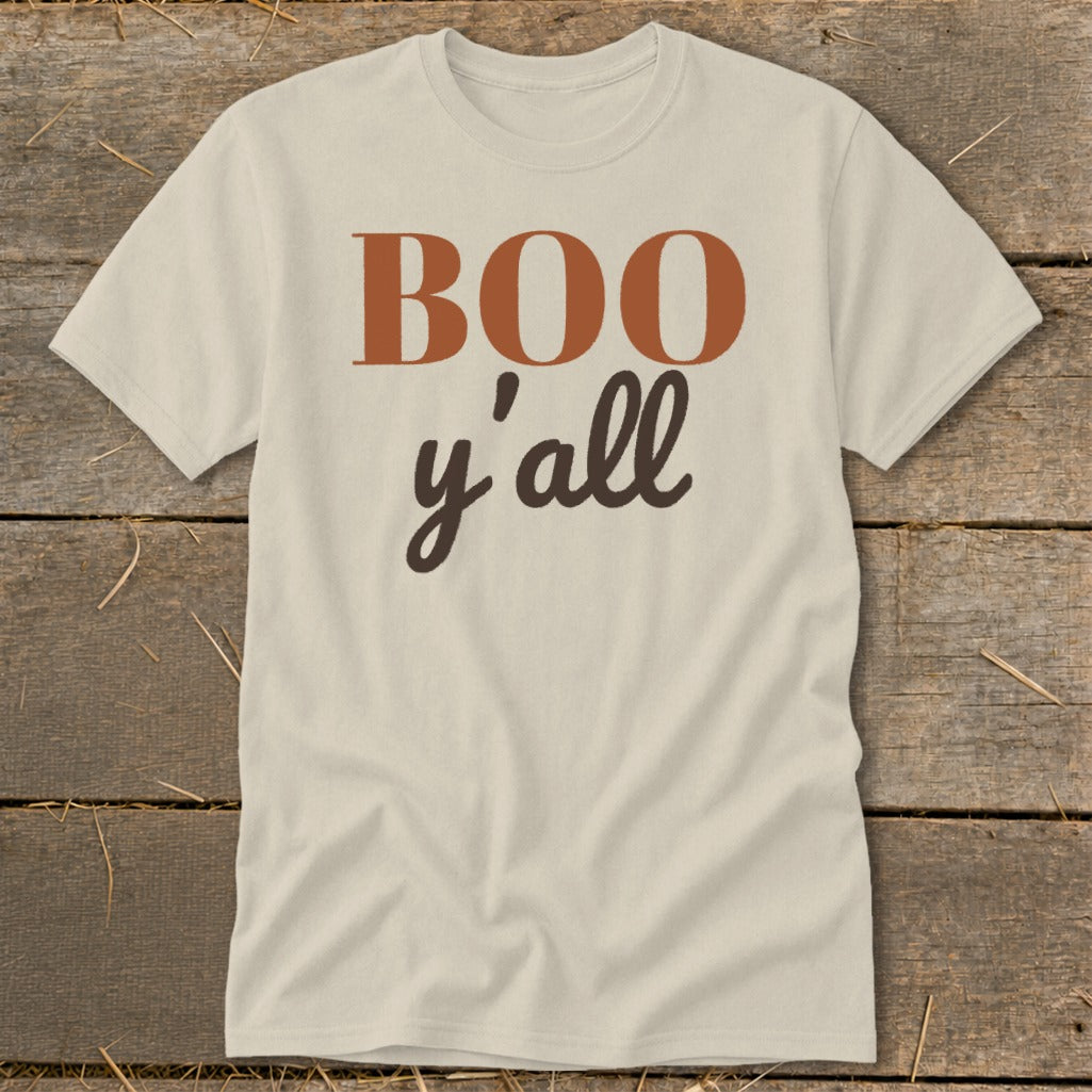 Cream t-shirt with "BOO y'all" text in brown and rust colors.
