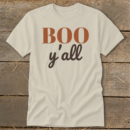 Cream t-shirt with "BOO y'all" text in brown and rust colors.