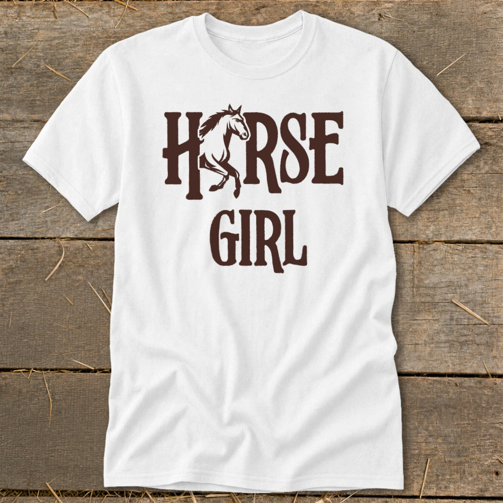 White t-shirt with "HORSE GIRL" text and a running horse graphic.