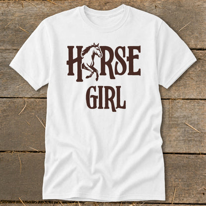 White t-shirt with "HORSE GIRL" text and a running horse graphic.