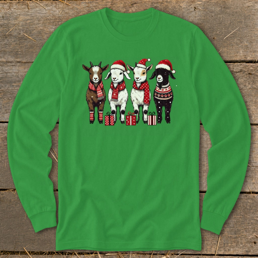 Four cartoon goats in Santa hats and winter scarves stand with gifts.