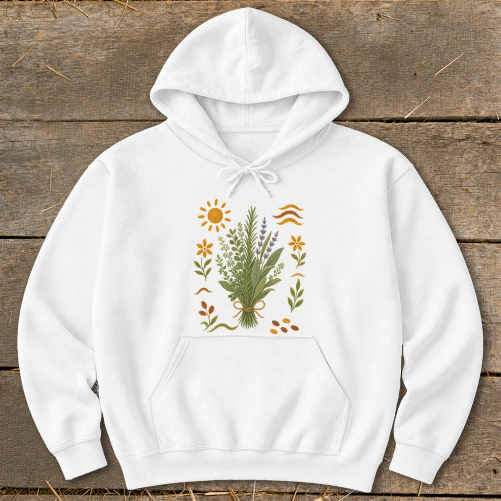 White hoodie with a bouquet of herbs, flowers, sun, and wavy lines illustration.