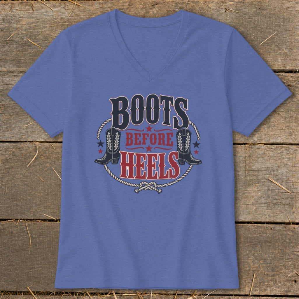 Blue v-neck t-shirt with "Boots Before Heels" text and cowboy boots graphic.