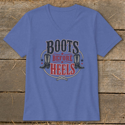 Blue v-neck t-shirt with "Boots Before Heels" text and cowboy boots graphic.