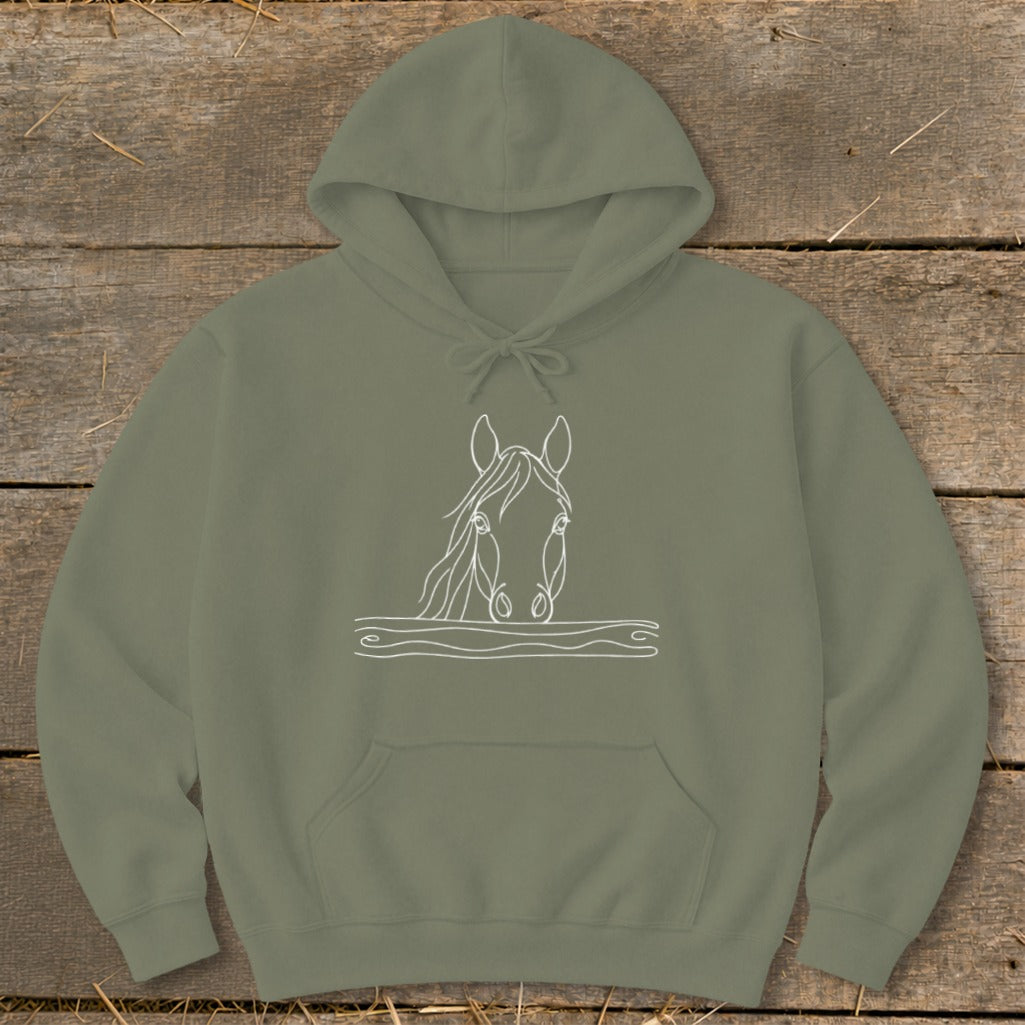 Olive green hoodie with white line drawing of a horse's head and wavy lines.