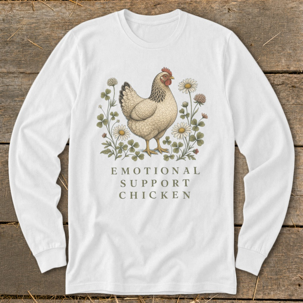 White long-sleeve shirt with an illustration of a chicken and flowers, reads "EMOTIONAL SUPPORT CHICKEN."