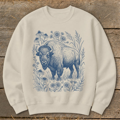 Light-colored crewneck sweatshirt with a blue line drawing of a bison and wildflowers.