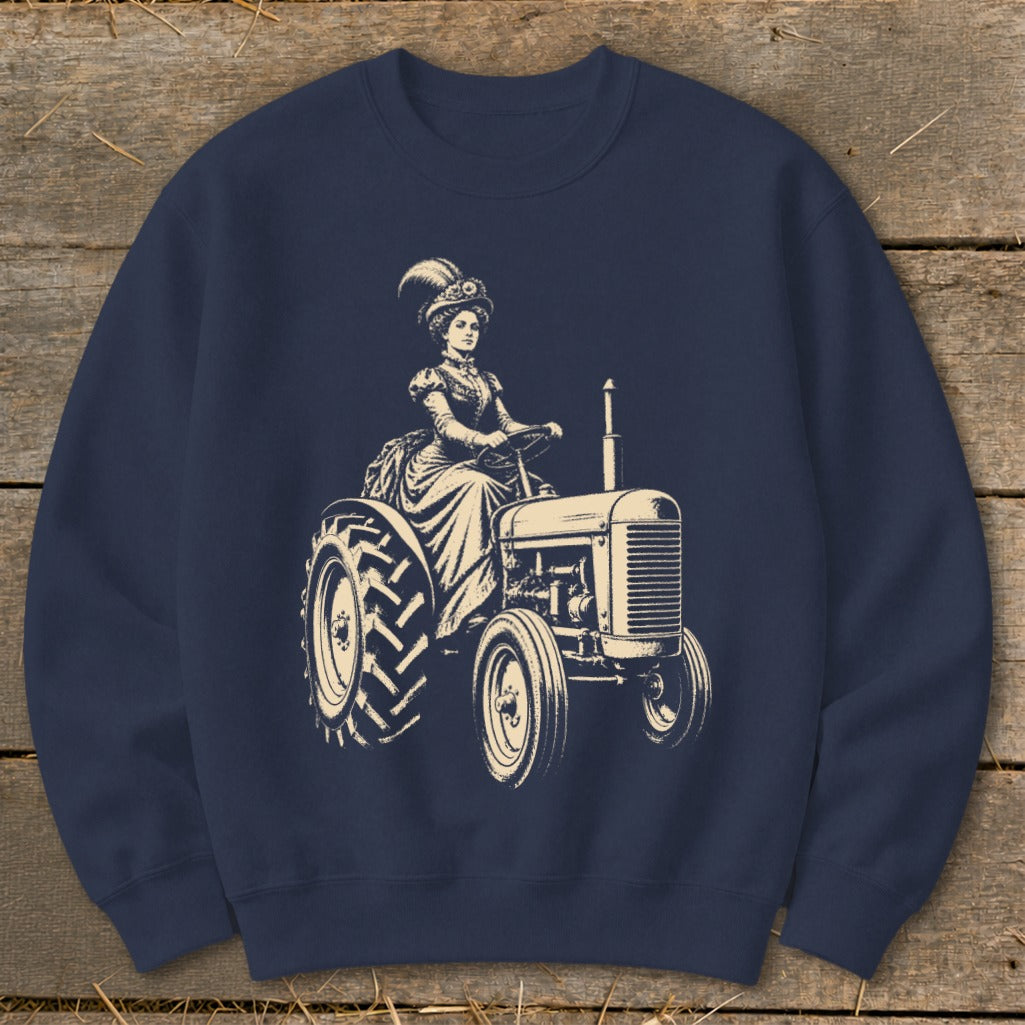 Illustration of a woman in a vintage dress and hat driving a tractor.