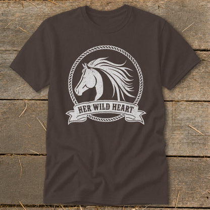 Brown t-shirt with white graphic of a horse head inside a rope circle and text "HER WILD HEART".