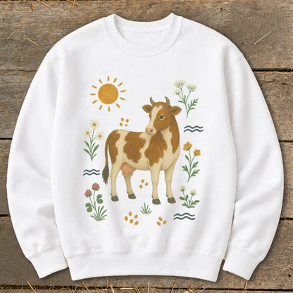 White sweatshirt with brown and white cow, sun, and floral illustrations.