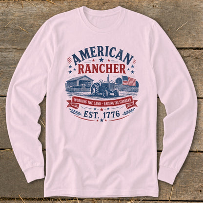 American Rancher graphic with tractor, barn, flag, and EST. 1776.