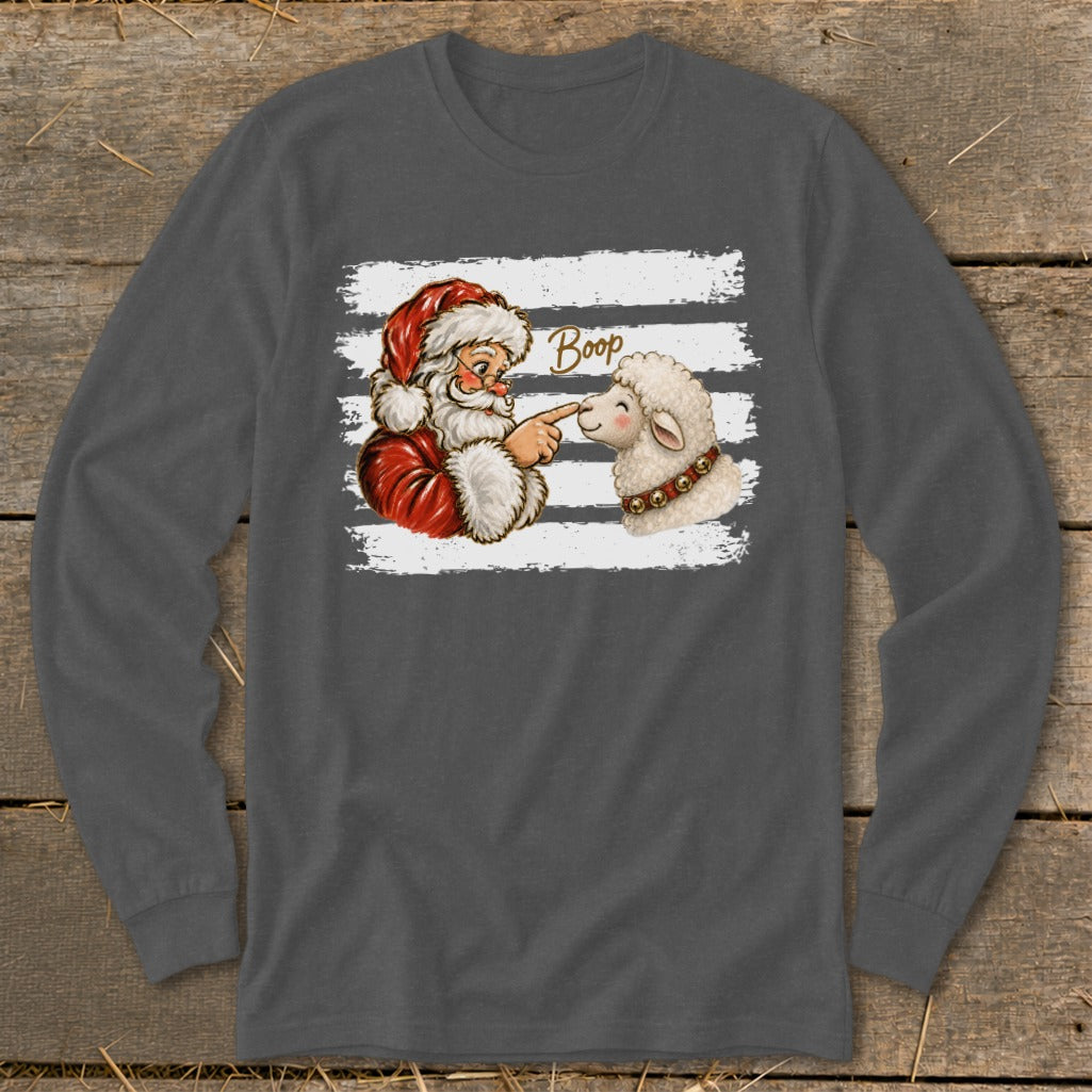 Santa boops a sheep with "Boop" written above.