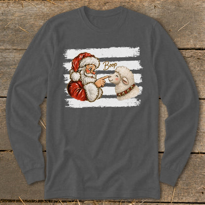 Santa boops a sheep with "Boop" written above.