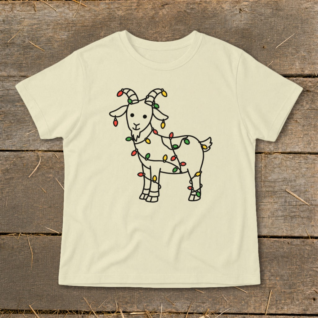 Cream t-shirt with a black outline drawing of a goat wrapped in Christmas lights.