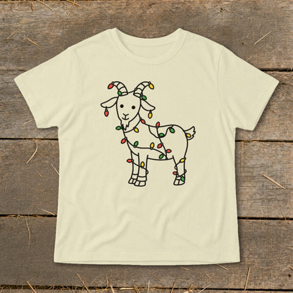 Cream t-shirt with a black outline drawing of a goat wrapped in Christmas lights.