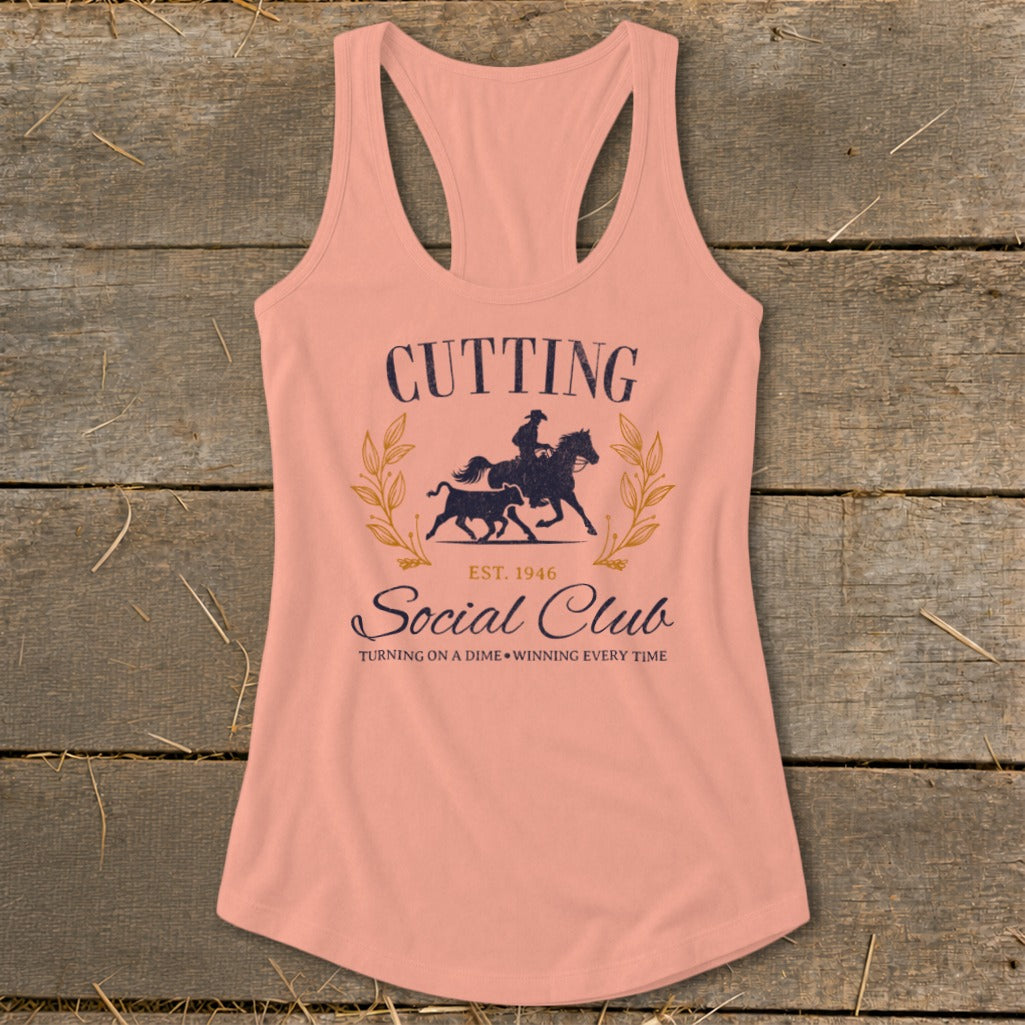 Peach tank top with "Cutting Social Club" text and horse and bull graphic.