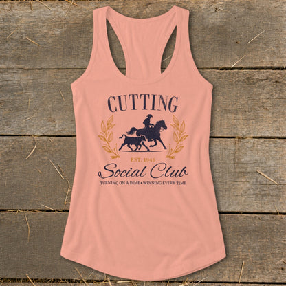 Peach tank top with "Cutting Social Club" text and horse and bull graphic.