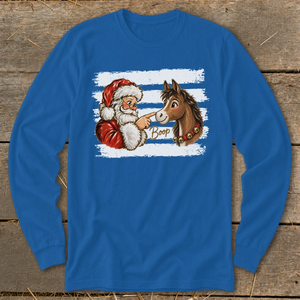 Santa booping a horse on the nose, with "Boop" text, on a blue long-sleeve shirt.