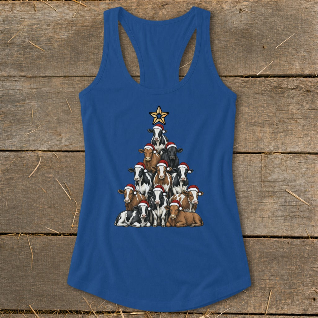 Blue tank top with a Christmas tree made of cows wearing Santa hats.