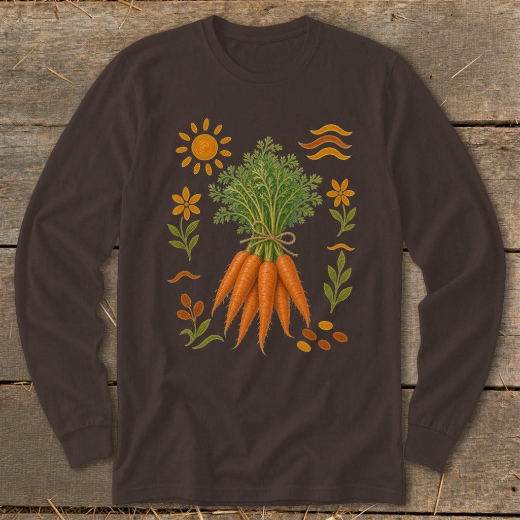Brown long-sleeve shirt with a bunch of carrots and a folk art garden motif.