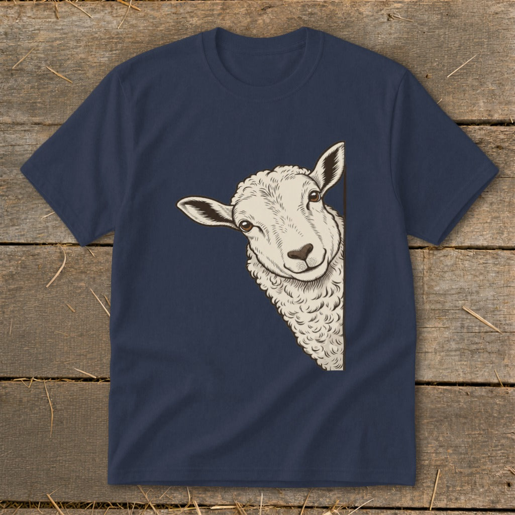 Navy t-shirt featuring a drawing of a sheep peeking from the side.