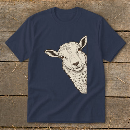 Navy t-shirt featuring a drawing of a sheep peeking from the side.