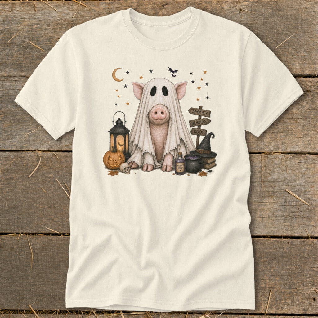 Pig wearing ghost costume with Halloween decorations and a spooky sign.