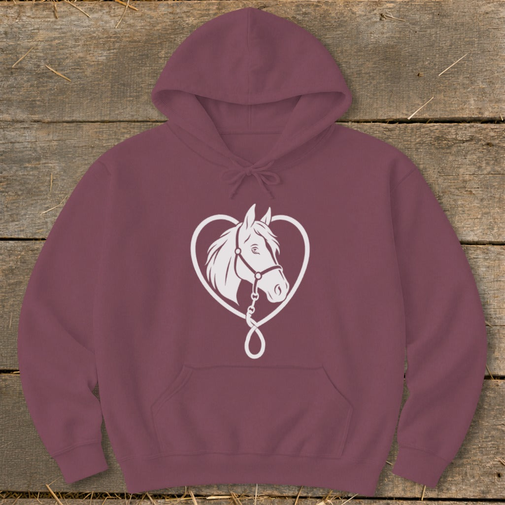 A plum-colored hoodie features a white graphic of a horse's head framed by a heart.