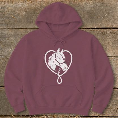 A plum-colored hoodie features a white graphic of a horse's head framed by a heart.