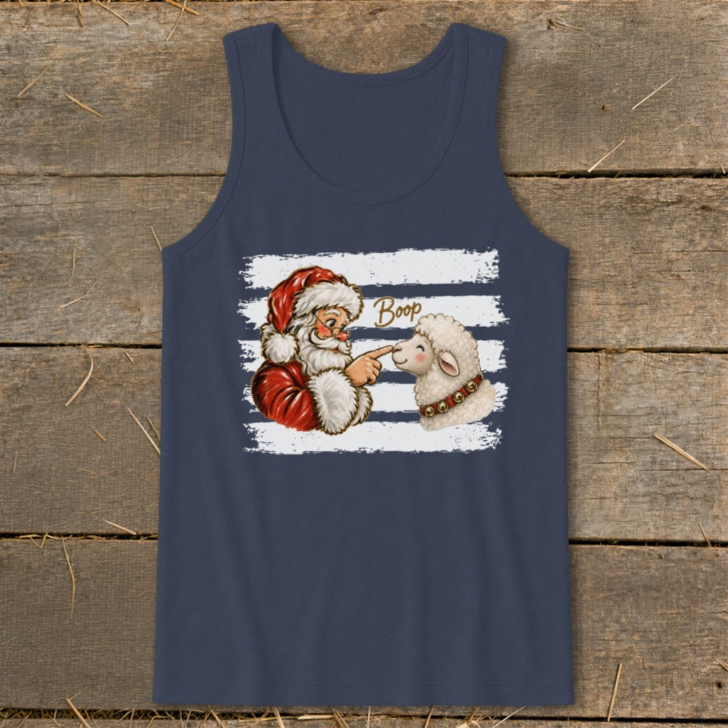 Santa Claus booping a sheep, with the word "Boop" above.