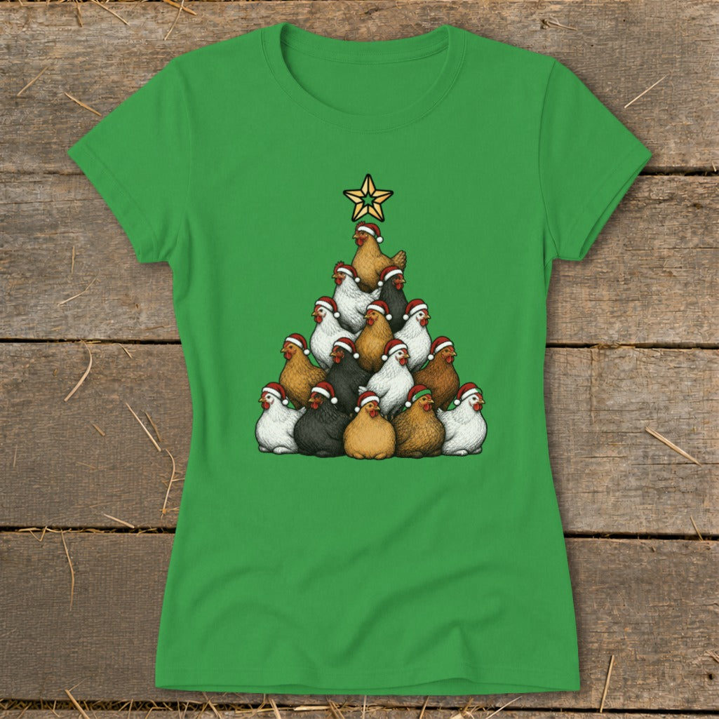 Green t-shirt with a Christmas tree made of chickens wearing Santa hats, topped with a star.