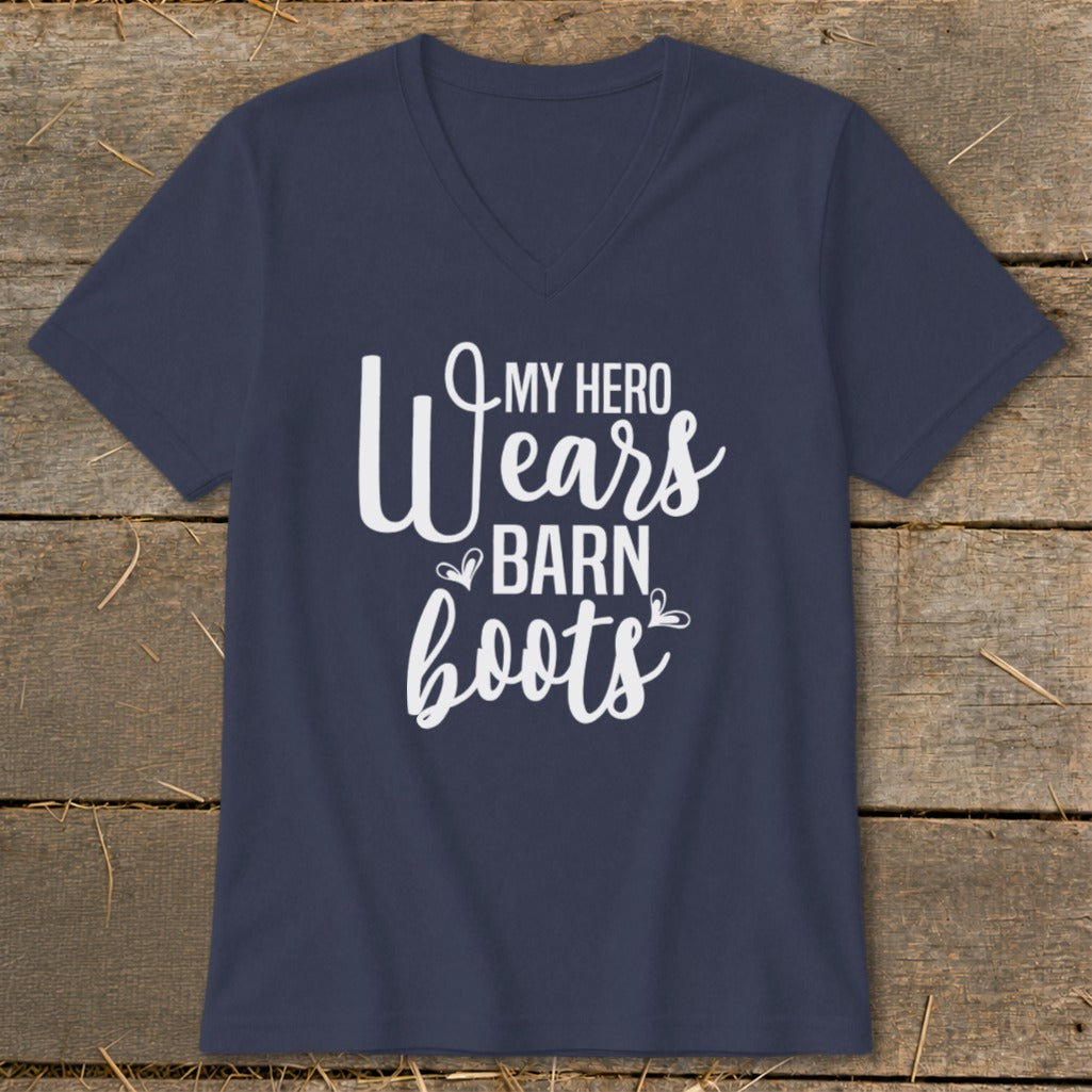 Navy v-neck t-shirt with white text "My Hero Wears Barn Boots".