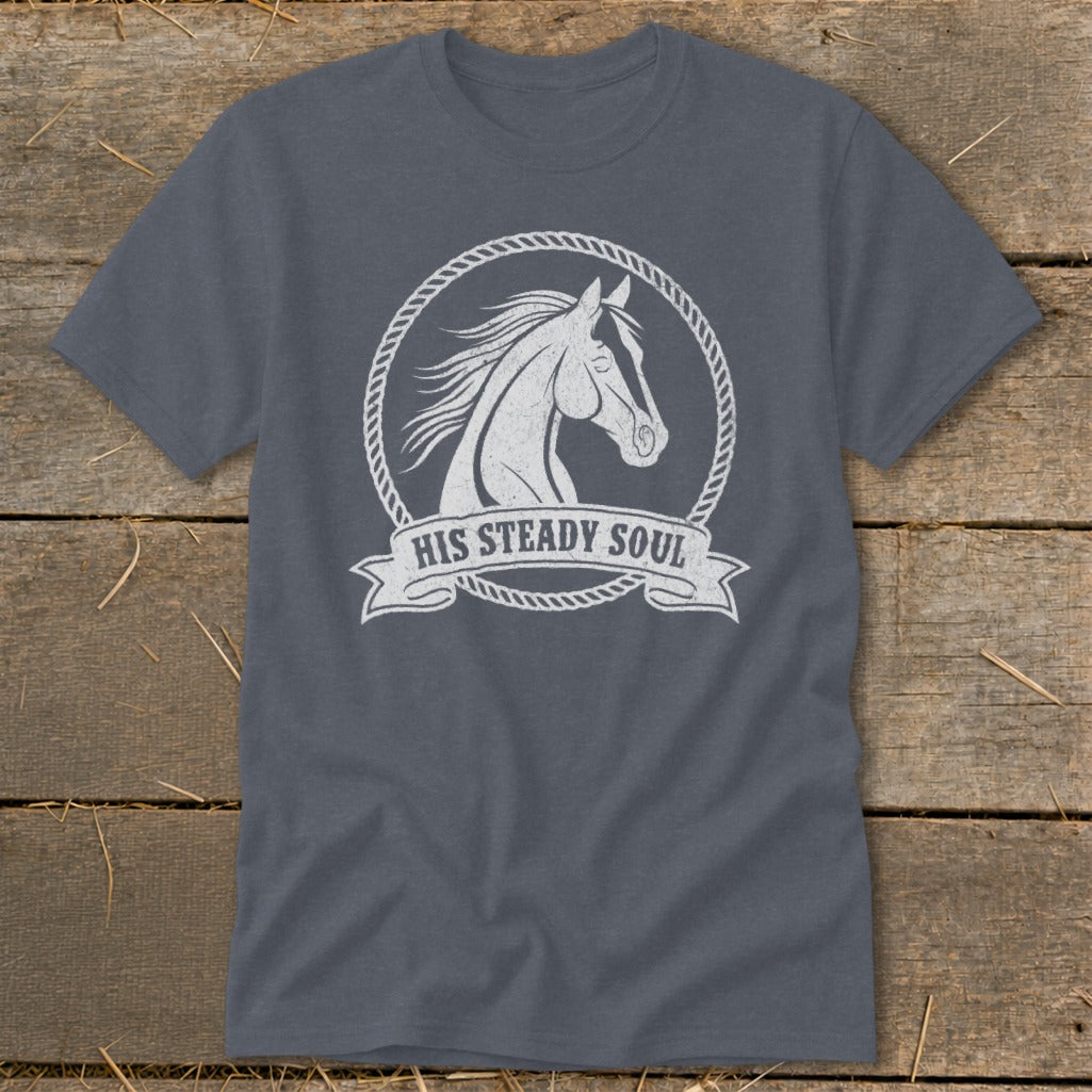 Grey t-shirt with white horse graphic and text "HIS STEADY SOUL".