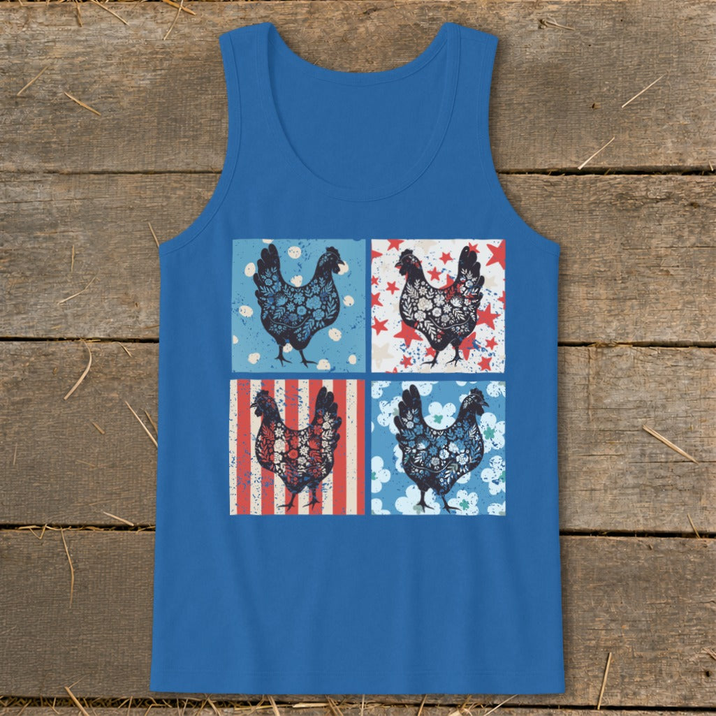 Blue tank top with four patriotic chicken designs arranged in a grid.