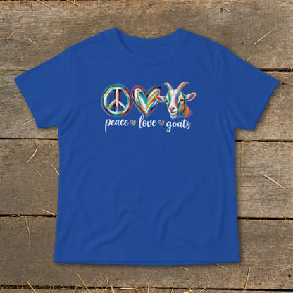 Royal blue t-shirt with colorful peace sign, heart, and goat graphic saying "peace love goats".