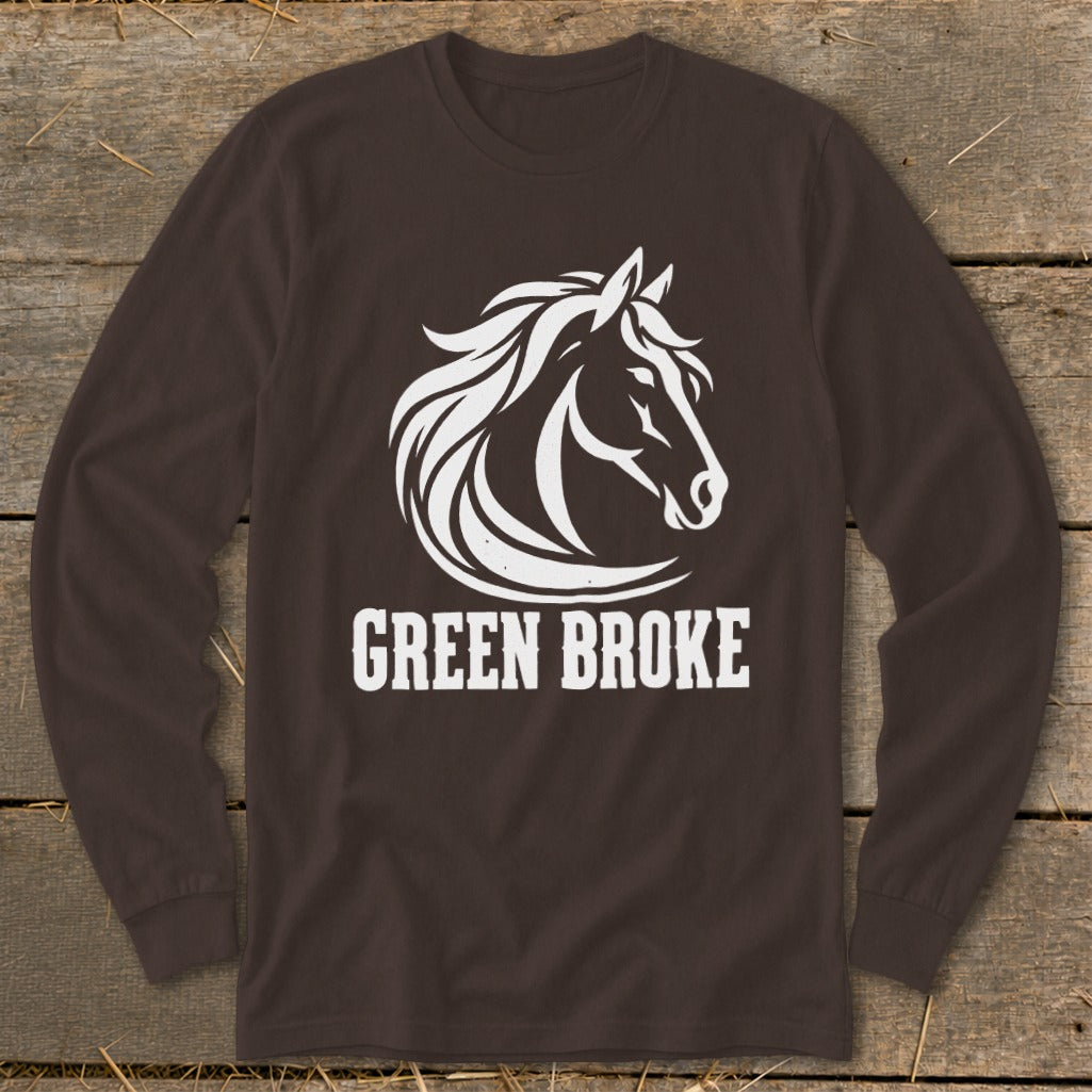 A dark brown long-sleeve t-shirt with a white horse head graphic and the text GREEN BROKE.