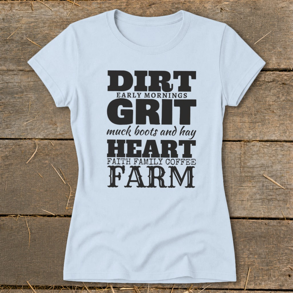 Light blue t-shirt with "Dirt, Grit, Heart, Farm" and related phrases in black text.