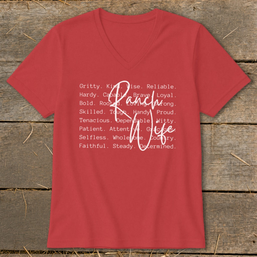 Red v-neck shirt with "Ranch Life" and descriptive words in white.