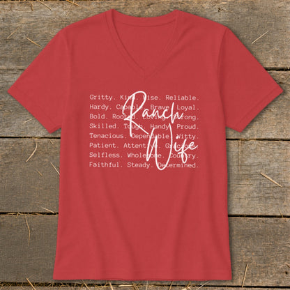 Red v-neck shirt with "Ranch Life" and descriptive words in white.