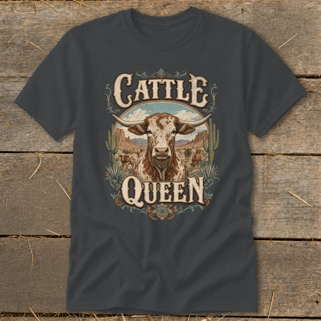T-shirt graphic with "Cattle Queen" text and a longhorn steer in a desert landscape.