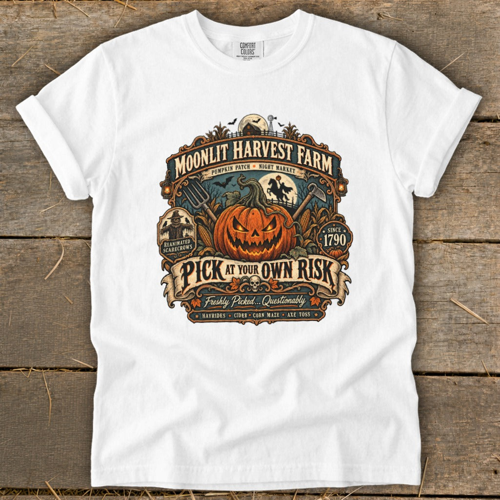 Moonlit Harvest Farm shirt with jack-o'-lantern, scarecrows, and "Pick at Your Own Risk" text.