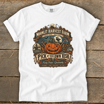 Moonlit Harvest Farm shirt with jack-o'-lantern, scarecrows, and "Pick at Your Own Risk" text.