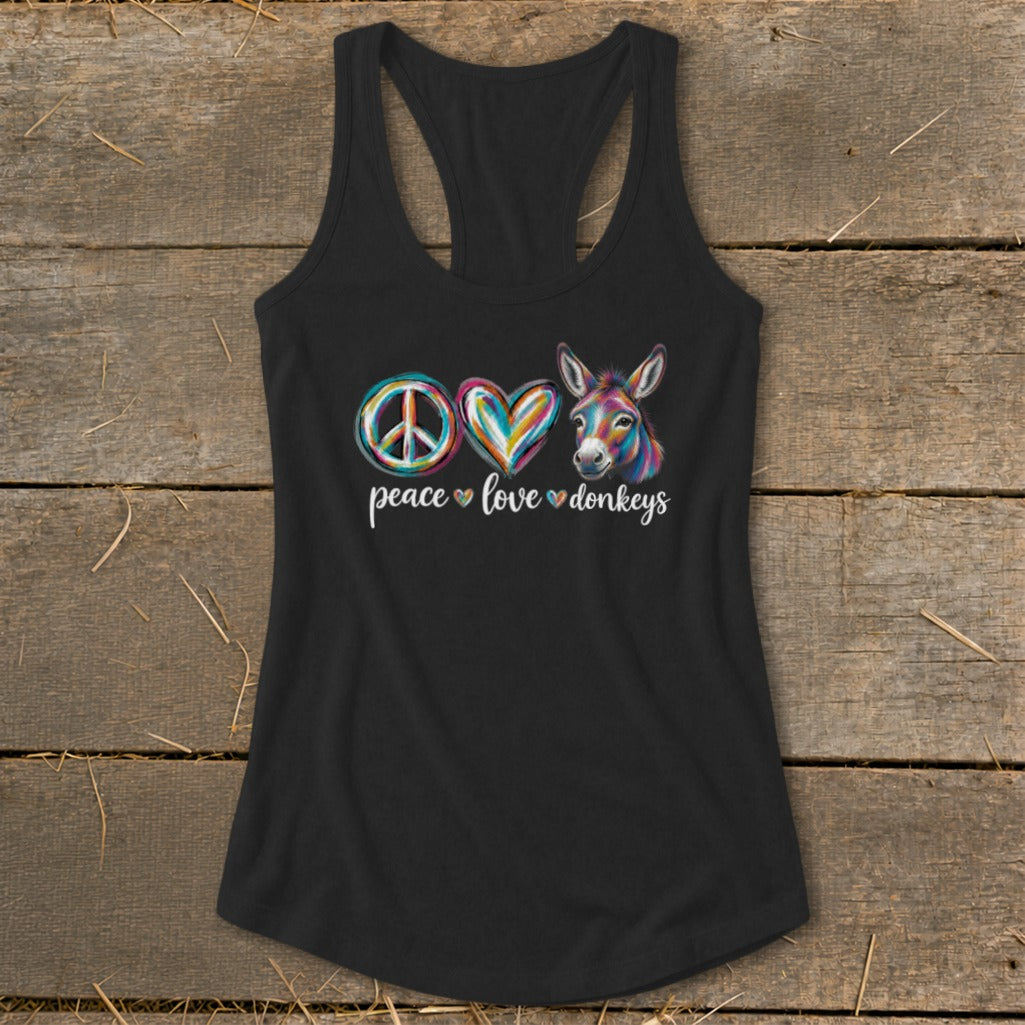 Black tank top with peace, love, and donkey graphic and text.