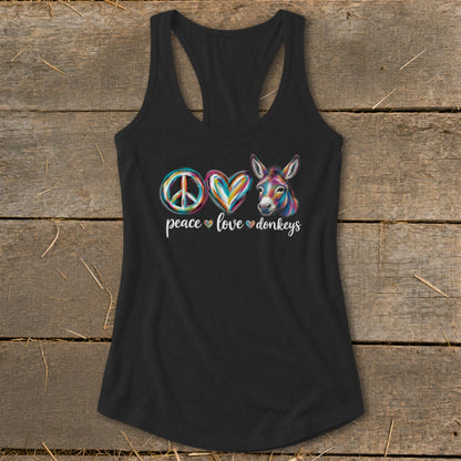 Black tank top with peace, love, and donkey graphic and text.