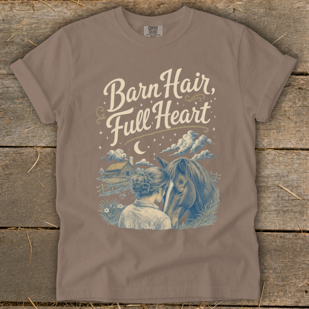 T-shirt graphic with girl and horse, text "Barn Hair, Full Heart."